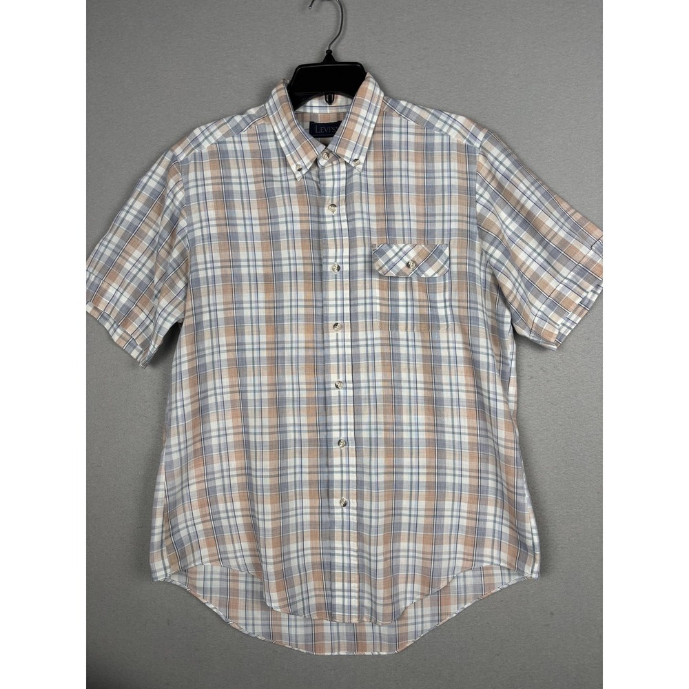 Levi's Shirt Mens Large Blue Tan Plaid Short Sleeve Button Down Casual Summer